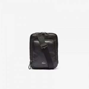 Bolsas Lacoste Masculino Pretas Soft Matte Full-Grain Leather Flat Crossbody Bag CE7-54885M4