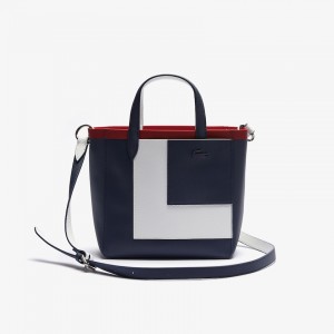 Bolsas Tote Lacoste Feminino Azul Marinho Branco Vermelhas Anna Contrast L Coated Canvas DZ8-70977J2