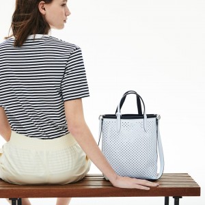 Bolsas Tote Lacoste Feminino Azul Marinho Escuro Branco Anna Removable Pouch Perforated Vertical CA3-65806I6