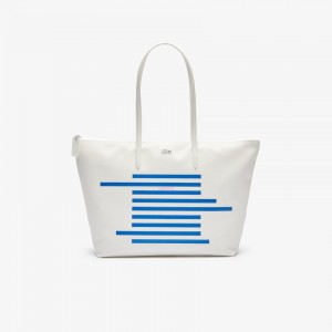 Bolsas Tote Lacoste Feminino Branco Azuis L.12.12 Nautical Stripes Large Coated Canvas CR1-48374X7