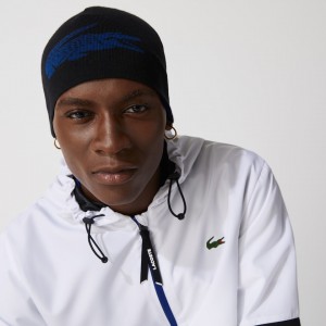 Boné Lacoste Masculino Pretas Azuis Oversized Contrast Crocodile Reversible Wool Beanie RH8-82598C3