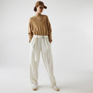 Calças Lacoste Feminino Branco High-Waisted Flared Wool Blend UM8-27842B9
