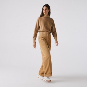 Calças Lacoste Feminino Bege LIVE High-Waisted Loose Ribbed Velvet OH3-94119C6