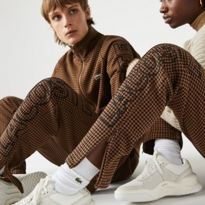 Calças Lacoste Masculino Marrom Pretas LIVE Houndstooth Print Fleece Tracksuit ZV7-46564L0