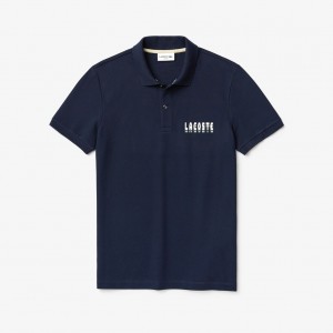 Camisa Polo Lacoste Masculino Azul Marinho Azuis 3D-Lettering Slim Fit Stretch Cotton Piqué TL2-79407Y7