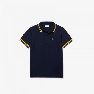 Camisa Polo Lacoste Criança Azul Marinho Azuis Branco Contrast Detail Cotton Piqué CP6-29602I6
