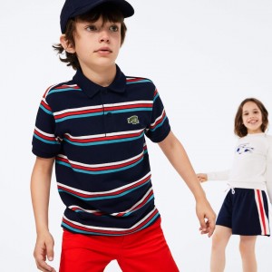 Camisa Polo Lacoste Criança Azul Marinho Azuis Branco Embroidered Logo Striped RH9-37213X4