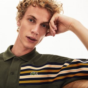 Camisa Polo Lacoste Masculino Caqui Verdes L.12.12 Off-Center Stripe Cotton Piqué XU1-76417G4