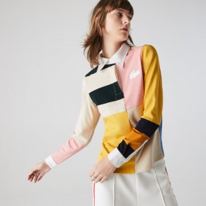 Camisa Polo Lacoste Feminino Bege Branco LIVE Colorblock Rugby VI0-52245I7