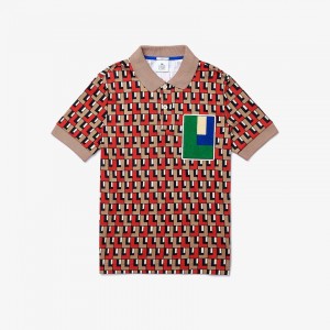 Camisa Polo Lacoste Masculino Bege Vermelhas LIVE Standard-Fit Printed Cotton UE8-96759Y7