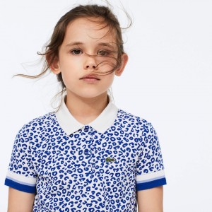 Camisa Polo Lacoste Criança Branco Azuis Leopard Print Cotton Petit Piqué RT8-90849E8