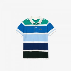 Camisa Polo Lacoste Criança Branco Azuis Verdes Multicolor Striped Cotton Piqué LW9-14651I8