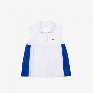 Camisa Polo Lacoste Criança Azuis Branco Pleated Cotton QA4-24812J3