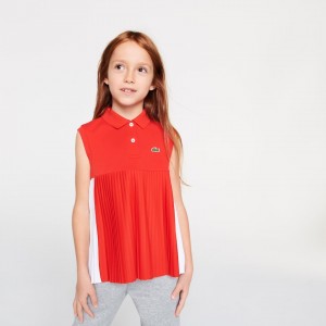 Camisa Polo Lacoste Criança Vermelhas Branco Pleated Cotton UD1-11161O2