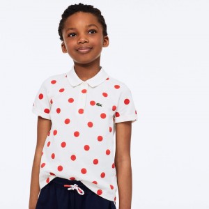 Camisa Polo Lacoste Criança Branco Vermelhas Polka Dot Scalloped Collar Cotton Petit Piqué QO1-33963M3
