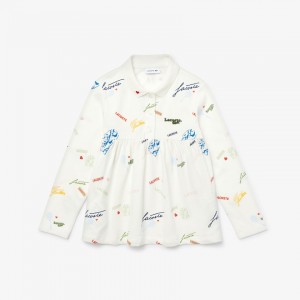 Camisa Polo Lacoste Criança Branco Print Flounced Cotton Piqué CX2-21582U3