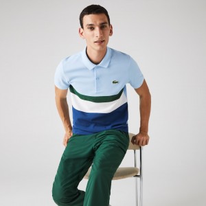 Camisa Polo Lacoste Masculino Azuis Branco Verdes Azuis Regular Fit Colorblock Cotton Piqué WS1-49754W5