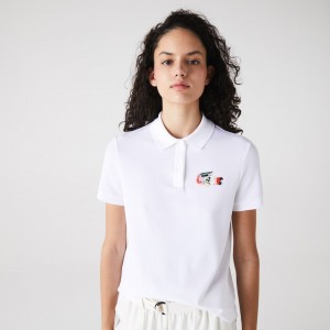 Camisa Polo Lacoste Feminino Branco Regular Fit Colored Crocodile Flowy Piqué BT0-49974Q7