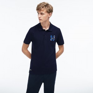 Camisa Polo Lacoste Masculino Azul Marinho Azuis Regular Fit LCST Lettering Petit Piqué AR7-36733S5