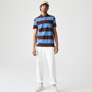 Camisa Polo Lacoste Masculino Marrom Azuis Regular Fit Striped Cotton Piqué TY5-67306B0