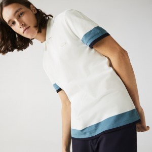 Camisa Polo Lacoste Masculino Branco Azuis Azul Marinho Azuis Regular Fit Textured Cotton Piqué OS5-26972K5