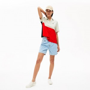 Camisa Polo Lacoste Feminino Vermelhas Bege Azul Marinho Azuis Relaxed-Fit Lightweight Color-Block Piqué JU9-76517X2