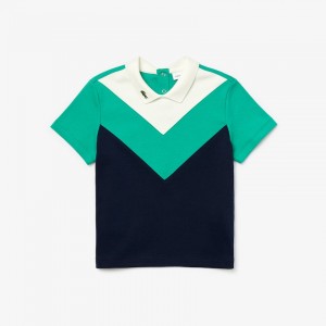 Camisa Polo Lacoste Criança Branco Verdes Azul Marinho Azuis Reverse Collar Colorblock Cotton FS9-86808T3