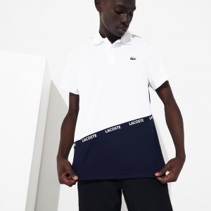 Camisa Polo Lacoste Masculino Branco Azul Marinho Azuis SPORT Breathable Color-Block Piqué QK5-08440Q5