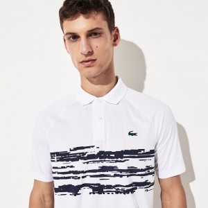 Camisa Polo Lacoste Masculino Branco Azul Marinho Azuis SPORT Novak Djokovic Stretch Print Jersey AG5-01510Z4