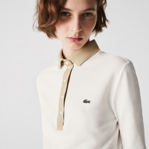 Camisa Polo Lacoste Feminino Branco Bege Slim Fit Cotton TT8-07970S8