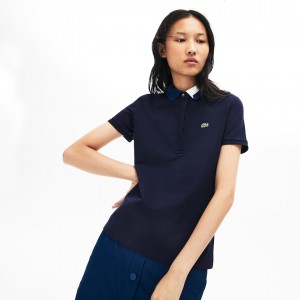 Camisa Polo Lacoste Feminino Azul Marinho Azuis Slim Fit Stretch Piqué YL7-02480T4