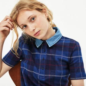 Camisa Polo Lacoste Feminino Azul Marinho Azuis Azuis Tartan Check Cotton Jacquard EP6-95659V8