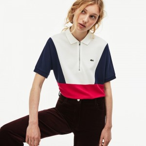 Camisa Polo Lacoste Feminino Branco Azul Marinho Azuis Vermelhas Zip Neck Colorblock Terrycloth Piqué RR9-24672R5
