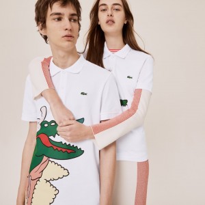 Camisa Polo Lacoste Feminino Branco Amarelas x Jean-Michel Tixier Print Classic Fit QI0-48984F5