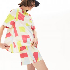 Camisas Lacoste Feminino Amarelas Branco Abstract-Print Cotton Blend Blouse FJ4-04730S3