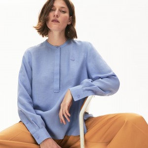 Camisas Lacoste Feminino Roxo Buttoned Mao Collar Linen Blouse PN9-71767L4