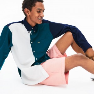 Camisas Lacoste Masculino Azul Marinho Azuis Verdes Branco Color-Block Cotton ZU1-65756W1