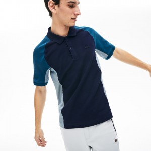 Camisas Lacoste Masculino Azul Marinho Azuis Cinzentas Azul Marinho Azuis Colorblock Piqué Polo QX7-87508E5