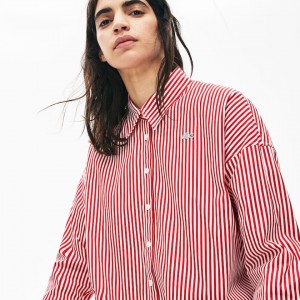 Camisas Lacoste Feminino Branco Vermelhas LIVE Boxy-Fit Striped Cotton LN4-56635W0