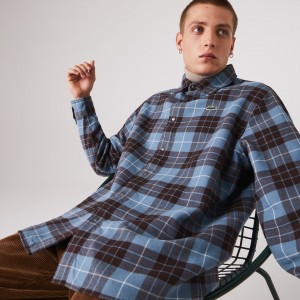 Camisas Lacoste Masculino Azuis Marrom LIVE Checked Flannel Lined Oversized VD8-81518C4