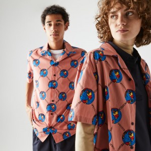 Camisas Lacoste Masculino Rosa Branco LIVE Chinatown Market Collaboration Print ED7-55175Q0