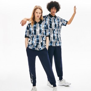 Camisas Lacoste Masculino Branco Azuis Branco LIVE Loose Fit Graphic Print Cotton Polo CR0-76497L8