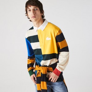 Camisas Lacoste Masculino Amarelas Branco LIVE Relaxed Colorblock Rugby Polo TF7-53015O6