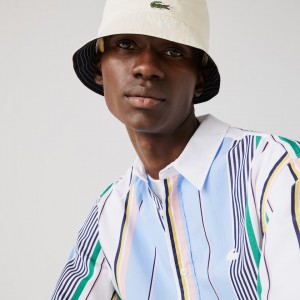 Camisas Lacoste Masculino Azuis Branco LIVE Relaxed Fit Mismatched-Stripe Cotton BD7-34583K8