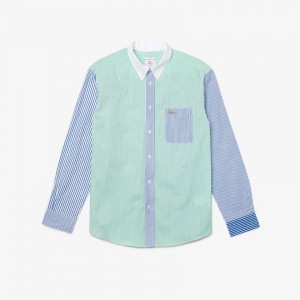 Camisas Lacoste Masculino Azuis Verdes Branco LIVE Relaxed Fit Striped Cotton KI2-94439B0