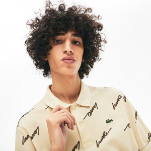 Camisas Lacoste Masculino Bege LIVE Standard Fit Print Cotton Piqué Polo PL7-69956R9