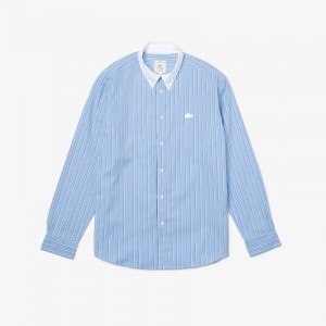Camisas Lacoste Masculino Azuis Branco LIVE Striped Cotton PC1-10461L8