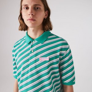 Camisas Lacoste Masculino Verdes Branco LIVE Striped Cotton Piqué Polo VV1-01080X5