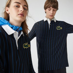 Camisas Lacoste Masculino Pretas Azuis LIVE Striped Cotton Polo ZA6-90839H2
