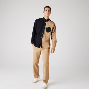 Camisas Lacoste Masculino Azul Marinho Azuis Verdes Bege Lightweight Regular Fit Colorblock Cotton Canvas PJ8-48244Y3